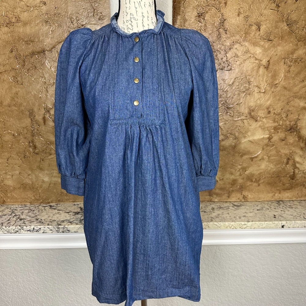 Pomander Place Dress Womens XS Mini Button Front Chambray Prairie Boho Blue